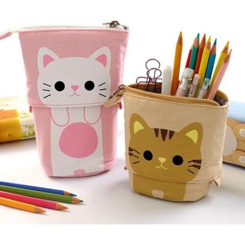 Transformer Stand Store Pencil Holder Canvas PU Cartoon Cute Cat Case Box School Office