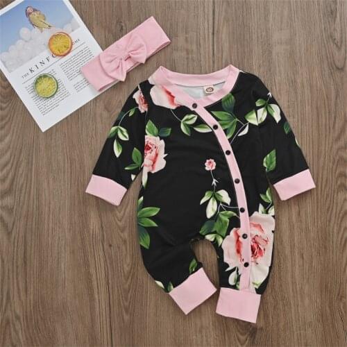 2pcs Newborn Baby Girls Romper Flower Print Jumpsuit + Headband Set Infant Baby Outfits Autumn Girl Clothing 3 6 9 12 Months