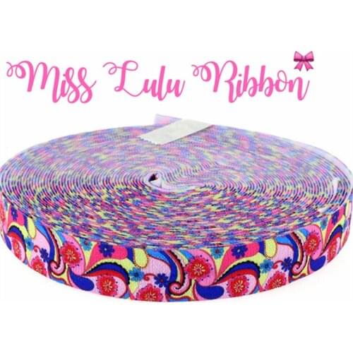 10 Yards 5/8" 16mm Swirl Flower Printed Elastic Ribbon Fashion Hair Accessories Handmade MD150618-16-0696