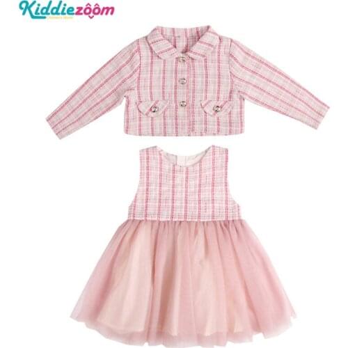 2020 Girls Dresss Sets 2PCS Cotton Full Sleeve Children Dress Patchwork Mesh Lattice Botton Girls Clothing