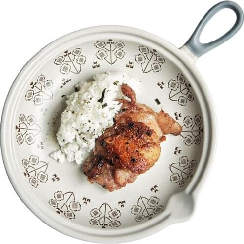 Japanese Style Ceramic Food Serving Plate with Handle, Bakeware Baking Dish 20.5cm Dinner Plate Pan Dish for Pie, Pizza, Pasta