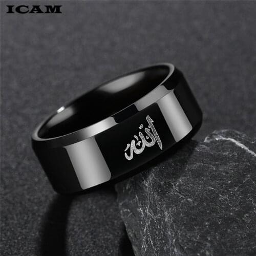 ICAM Arabic Islamic Scripture Rings 8MM Stainless Steel Muslim Prayer Band Ring For Men Religious Jewelry Male Anillo Masculino