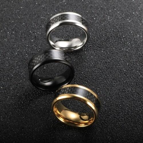 Hip Hop Black/Blue/Red Carbon Fiber Ring 8mm Width Mens Statement Ring For Men Women Punky Party Jewelry Gift