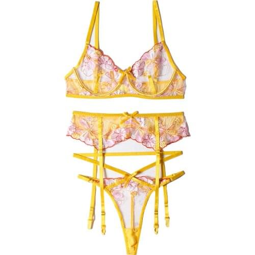 Sexy Lace Bra and Panty Set Transparent Yellow Lingerie Garter Buckle Erotic G-string Womens Underwear