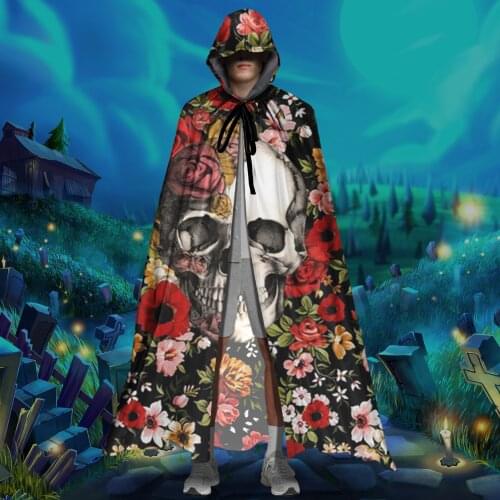 Halloween Cloak Rose Sugar Skull Print Unisex Full Length Vampire Witch Cosplay Costumes Hooded Punk Gothic Robes Capes 2021