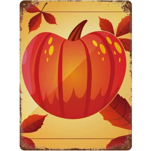NoBrands Vintage Retro Metal Tin Sign Wall Decor Art Thanks Giving Orange Autumn Pumpkin Maple Leaves Graphics Home Decor Plaque