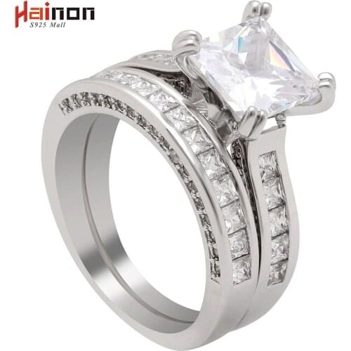 S925 mall Silver Plated AAA CZ Princess Cut Wedding Ring Set Engagement Band Classic Jewelry For Women Free Shipping