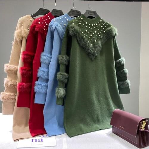 Luxury Real Rabbit Fur Long Strim Sweater For Women Fashion Pearl Beading Knitwear Mini Dress Pullover