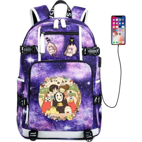 Anime Spirited Away USB Charging Backpack Zipper Casual School Bag Canvas Shoulder Bag Mochila Laptop Bag Travel Bag Rucksack