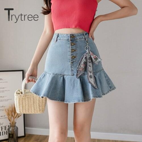 Trytree 2020 Summer Woman Skirt Casual Fashion Elegant Button Solid High Waist A-line Ruffles All-Purpose Style Cowboy Skirt
