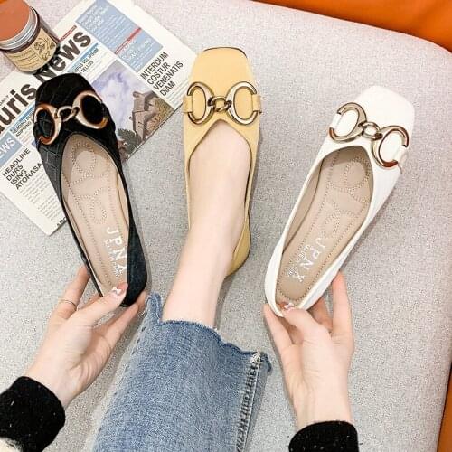 Square Toe Flat Shoes 2021 Spring and Autumn New Metal Buckle Shallow Mouth Womens Shoes Comfortable Soft Sole Granny Shoes