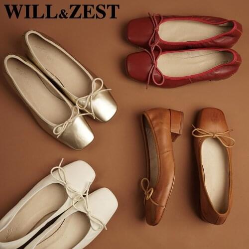 WILL&ZEST Womens Ballet Low Heel Shoes Bow Knot Pumps Lolita Cute White Womens Autumn 2020 Colorful Fashion Gold Chunky Heels