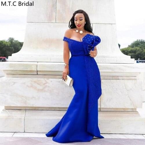 New Design Royal Blue Mermaid Long Prom Dresses With Pearls Off The Shoulder Lace Elastic Satin Plus Size Maid Of Honor Dress