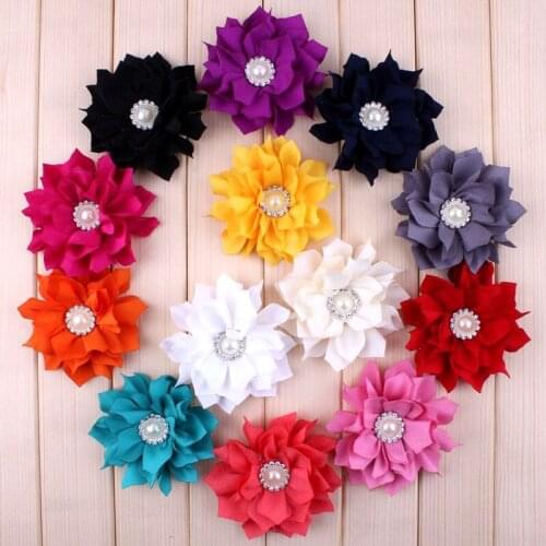 200pcs/lot 3" 13 Colors Artificial Fabric Hair Lotus Flowers With Shinning Alloy Rhinestone Pearl Button Wedding Dress Decorate