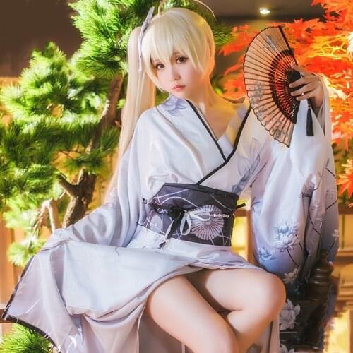 Anime Yosuga no Sora Cosplay Costume Kasugano Sora Kimono Long Dress+Wig+Fan Full Set Carnival Halloween Costumes for Women
