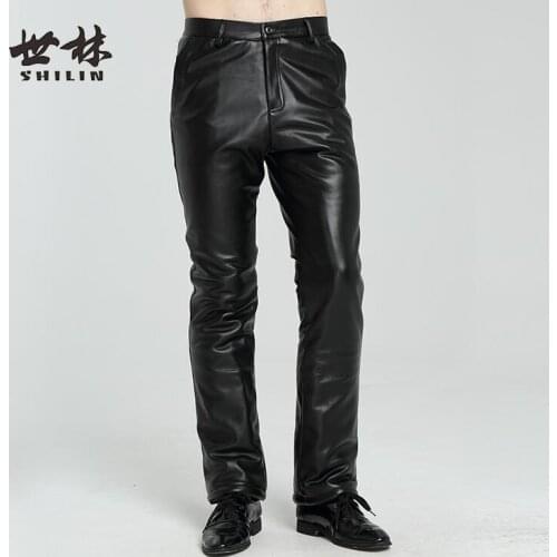 Plus thick velvet fashion motorcycle faux leather pants mens feet pants loose pu trousers for men pantalon homme winter black