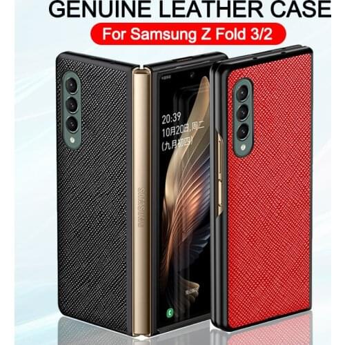 Genuine Leather For Samsung Galaxy Z Fold 3 2 5G Fold3 Case Luxury Cross Pattern Shockproof Back Cover Fundas Fold2 Capa
