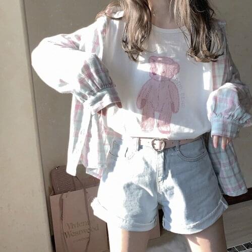 Original Japanese Cute Bear Print Girl T-shirt Harajuku Student Summer White Short-sleeved T-shirt Women Shirts