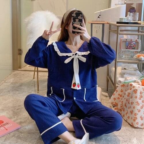 Crepe Lace Doll Collar Ribbon Embroidered Confinement Cloth Spring/Summer Maternity Home Breastfeeding and Nursing Clothing Set