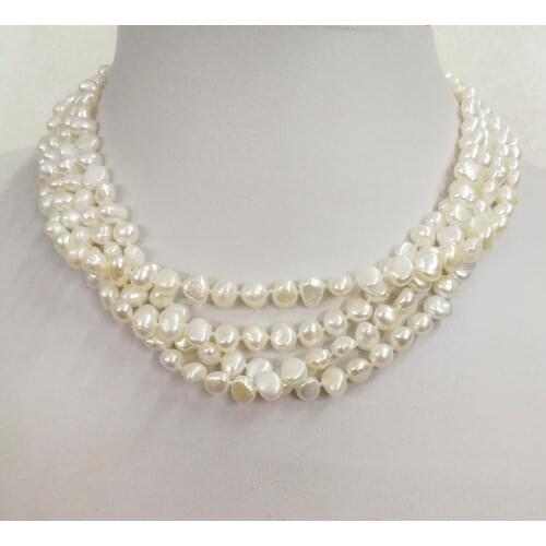 4 strands 7mm bright white baroque flat real pearl 4 rows necklace natural freshwater pearl Woman Jewelry 43cm 17'' 14'' 35cm