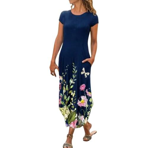 Floral Dress Plus Size Women Clothing Summer Dress Women O-neck Folk-custom Print Loose Short Sleeve Long Dress Vestido De Mujer