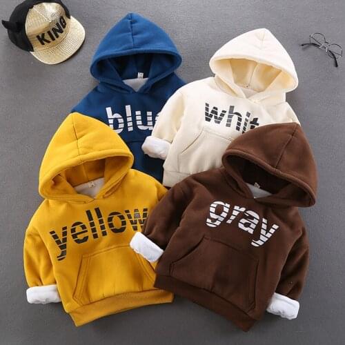 Baby Boys and Girls Pullovers Sweater Kids Plus Velvet Warm Hooded Sweatshirt Baby Clothes Childrens Long Sleeve Letter T-shirt