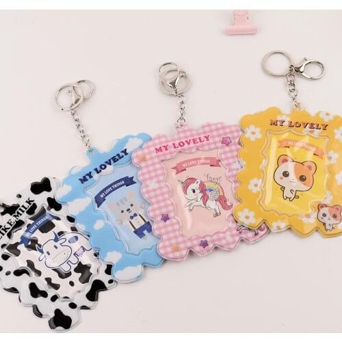 PVC Photocard Key Ring ID Badge Clip Key Chain Picture Card Holder Lovely Cartoon 3x4 inch Photo Card Frame with Metal Keychain
