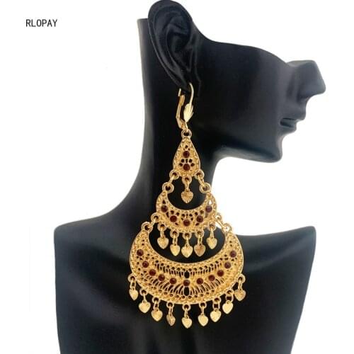 RLOPAY New French Hook Heart Earrings In Gold Arabic Designer Jewelry Drop Earrings with Rhinestone Bridal Dangle Earrings
