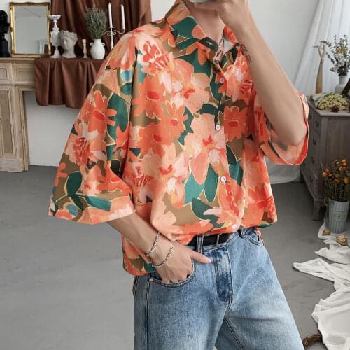 2021 Summer Mens Fashion Floral Printing Ice Silk Shirts Short Sleeve Loose Camisa Masculina Streetwear Clothes Shirts M-2XL