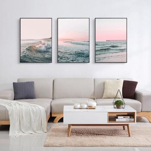 Scandinavian Posters Pink Ocean Seascape Canvas Painting Sunset Waves Beach Prints Wall Art Pictures Interior Livingroom Decor