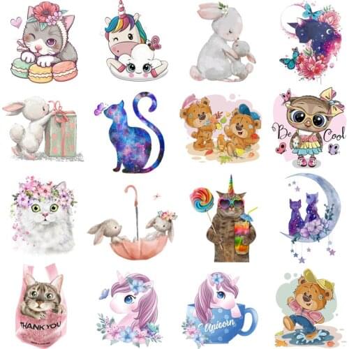 Prajna Cute Cat Patch Iron On Transfers For Clothing Thermal Rabbit Stickers On Clothes DIY Heat Transfer Vinyl Cartoon Applique