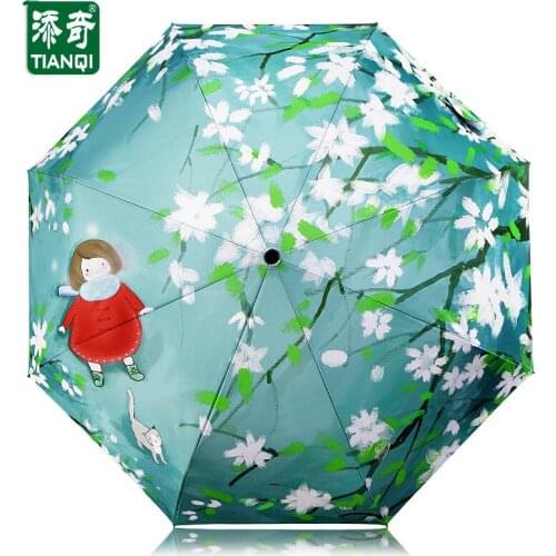 TIANQI Creative Fresh Style Three Fold Art Painting Waterproof Umbrella Women Rain And Sun Umbrellas Paraguas
