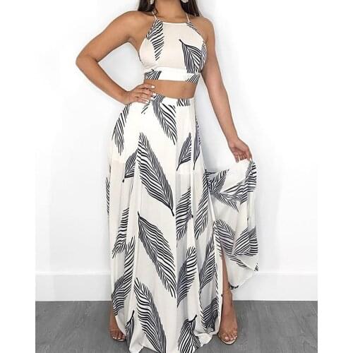 Leaf Print Backless Cami Top & Split Maxi Skirt Set