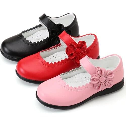 Kids Girls Flower Children Genuine Leather Shoes For Girls School Red Black Pink Christmas Party Wedding Dance Dress Shoes New