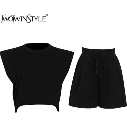 TWOTWINSTYLE Casual Two Piece Set For Women O Neck Sleeveless Tops High Waist Short Pants Solid Sets Female Summer 2021 Clothing