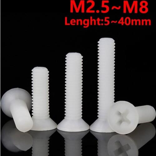 M2.5 M3 M4 M5 M6 M8 Black White Nylon Flat Head Machine Screw Phillips Metric Thread Countersunk Bolt Thread Length 5mm~40mm