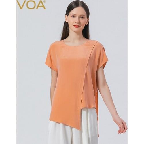 VOA Casual O-Neck Asymmetrical Silk Top Elegant Riband Solid Simple Woman Tshirts Short Sleeve Office Lady T-Shirts Summer BE811