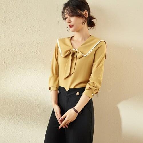 Womens Chiffon Shirt Loose Belly-Covering 2021 Spring and Autumn New Navy Style Anti-Aging Top Large Size Long Sleeve