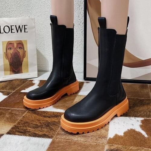 2020 Leather Women Boots Brand Fall Winter Warm Short Boots Platform Shoes Waterproof Water Shoes Non-Slip Mid-calf
