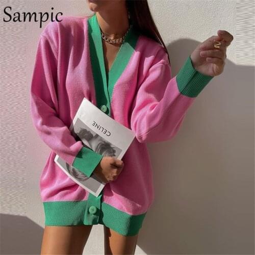 Sampic Loose Patchwork Knitwear Winter 2021 Women Cardigans Tops Oversized Long Sleeve Y2K V Neck Sweater Casual Fashion Tops
