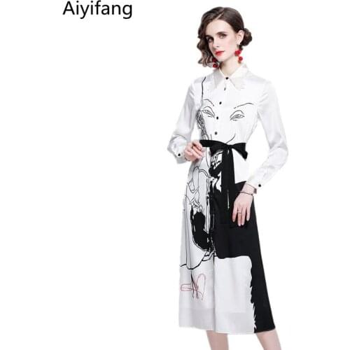 Elegant Office Lady Single-breasted White Shirt Dress Spring Autumn Womens Vintage Graffiti Print Long Sleeve Lace Long Dresses