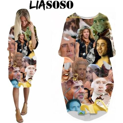 LIASOSO 3D Print Fashion Dresses Funny Rock Harajuku Women Anime Nicolas Cage Girls Clothing Long-sleeved Woman Dress