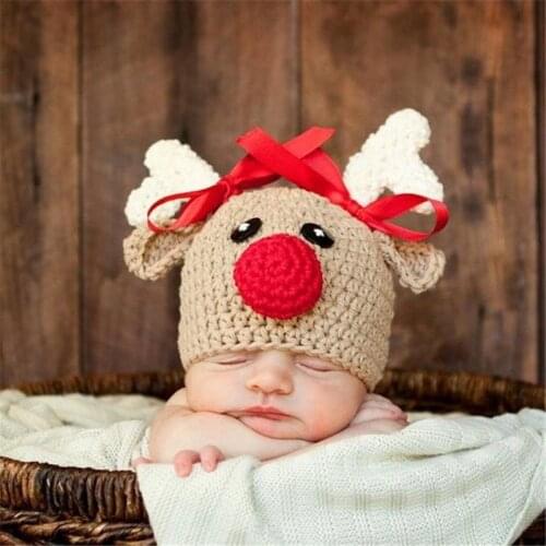 2021 Cartoon Newborn Infant Crochet Knitted Christmas Deer Baby Hats For Boy Girl Cap Photography Props Bowknot Hat Girl