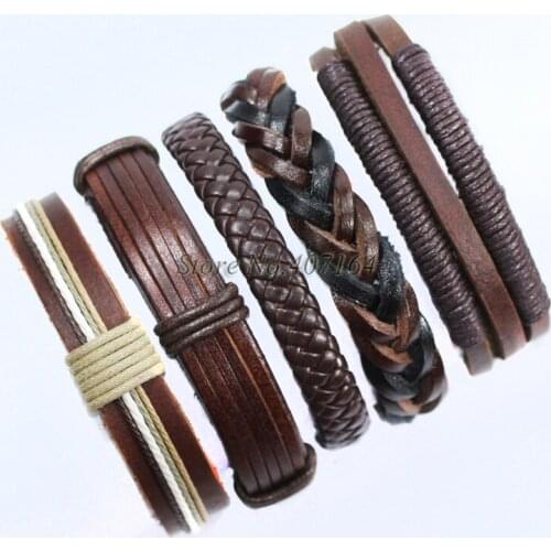 5Pcs Hand-woven Leather Bracelet Bangle Cuff Braided Ethnic Tribal Surfer Wrap Adjustable Rope Bracelet For Men Women X132