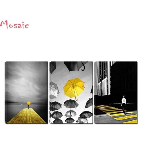 Diy diamond painting 3 Pcs Black and White Yellow Umbrella Cityscape Man Walking on Yellow Zebra Crossing diamond embroidery