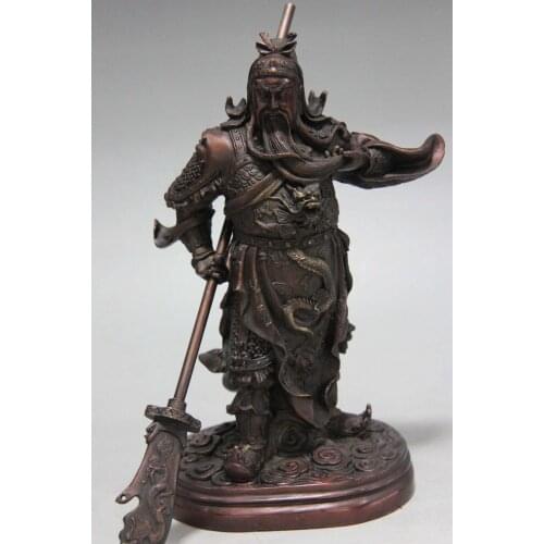 Free shipping 9 Chinese Folk Pure Red Copper Bronze Dragon Guan Gong Guan Yu Warrior Statue