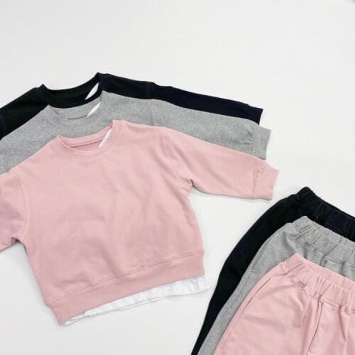 Korea childrens suit 2021 spring boys' and girls' pullover fake two-piece sweater pants wear sports suit