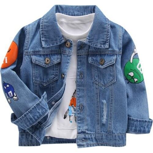 Baby Boy Denim Jacket Kids Cartoon Appliques Tops Autumn Casual Tops Frosted Toddler Daily Wear Jeans Jakcets Fashion Clothing