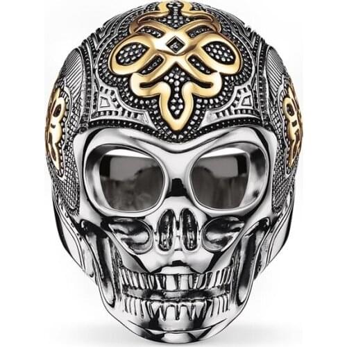 925 Sterling Silver Gold-color Chinese Knot Big Skull Rings, Thomas Style Love Knot Skeleton Ring Jewelry Gift for Women Men