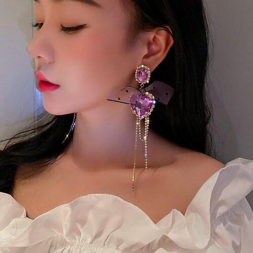 Korean Luxury Purple Crystal Love Heart Drop Earrings for Women Fashion Chain Rhinestone Tassel Pendientes Bow Jewelry Gifts